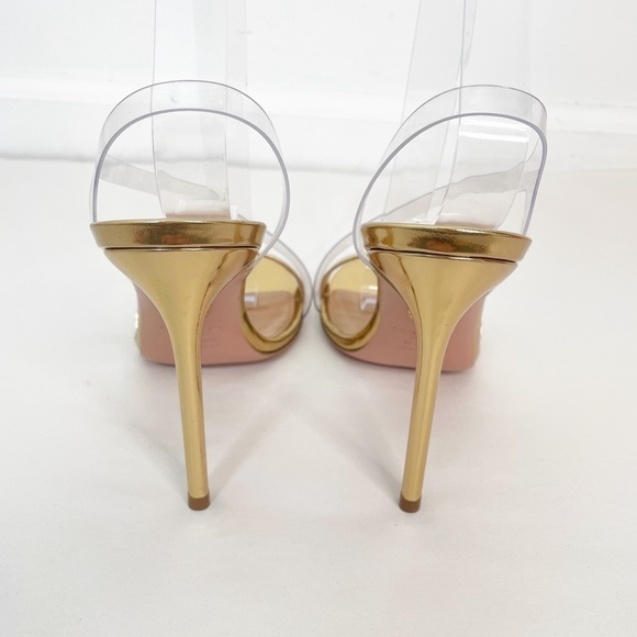 Aquazzura Perfect Kiss 105 Metallic Gold Heel Sandals - Picture 8 of 9